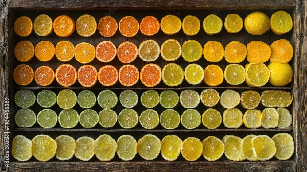 Vibrant assortment of halved citrus fruits organized by color in a rustic wooden box showcasing nature's colorful bounty