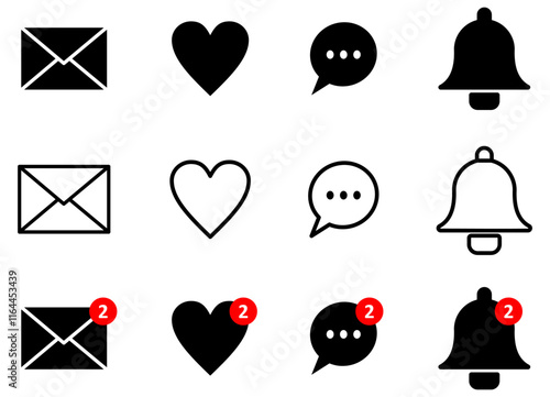 Notification bell icon set. New email message notification icon or alarm alert reminder icon sign. Love like with Notifications and chat message speech bubble icon - Web icons collection set.