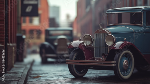 1930s street scene with vintage cars, faded color, soft focus