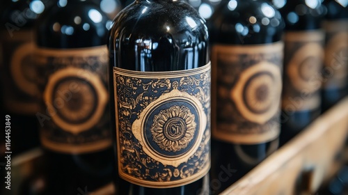 Vintage wine bottles arranged on a wooden shelf with decorative box in an ant...