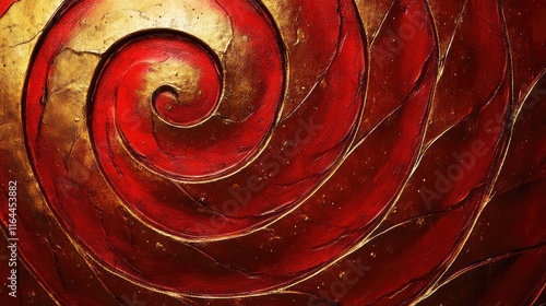 Golden spiral patterns radiating on a textured red background with glowing details.