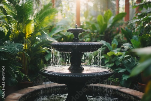 Lush garden fountain surrounded by vibrant flowers in serene indoor setting