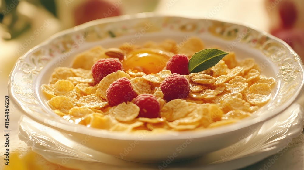 Delicious bowl of cornflakes topped with fresh fruits, nuts, honey and garnished with mint for a nutritious breakfast experience Delicious bowl of cornflakes topped with fresh fruits, nuts, honey and garnished with mint for a nutritious breakfast experience