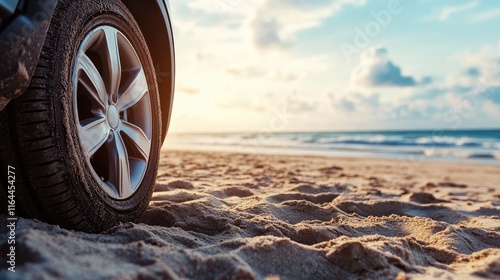 Car tire on sandy beach with ocean view at sunset highlighting adventure and travel themes in a serene coastal environment.