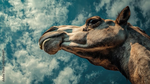 Camel portrait against a vibrant blue sky with dramatic clouds highlighting its features and majestic presence in a natural setting. photo