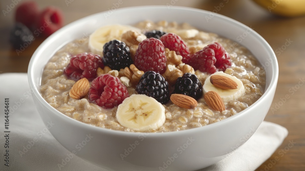 Bowl of Oatmeal Topped with Fresh Berries Almonds and Banana Slices on Wooden Table Bowl of Oatmeal Topped with Fresh Berries Almonds and Banana Slices on Wooden Table