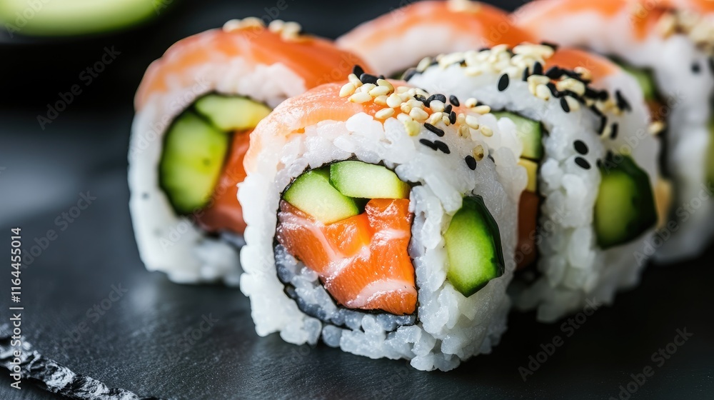 California roll with salmon avocado and cucumber served on a black slate background showcasing culinary elegance and sushi craftsmanship California roll with salmon avocado and cucumber served on a black slate background showcasing culinary elegance and sushi craftsmanship