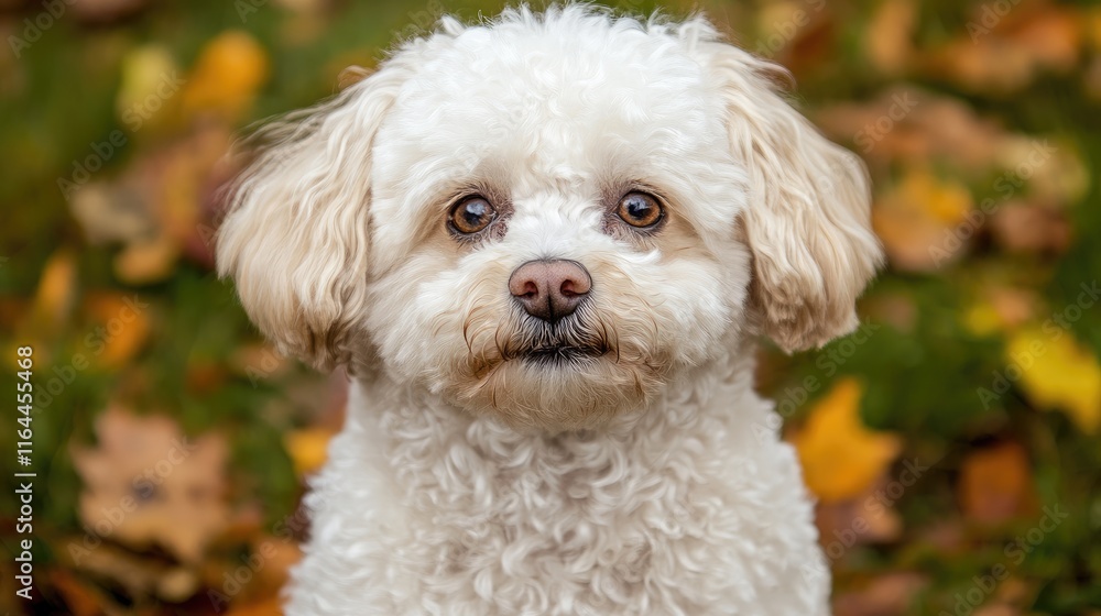 Bichon Frise portrait with expressive gaze surrounded by autumn foliage in soft natural light Bichon Frise portrait with expressive gaze surrounded by autumn foliage in soft natural light