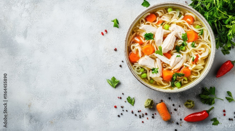 Bowl of comforting chicken noodle soup with sliced chicken carrots and herbs on a light gray countertop for a cozy meal vibe Bowl of comforting chicken noodle soup with sliced chicken carrots and herbs on a light gray countertop for a cozy meal vibe