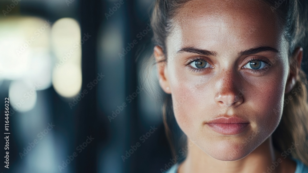 Obraz premium Focused portrait of a determined female athlete showing natural beauty and concentration in a gym environment