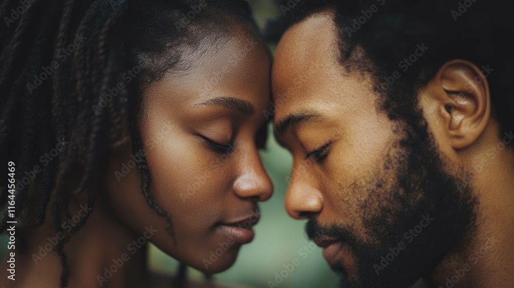 Intimate portrait of an affectionate couple sharing a forehead touch connection in a serene outdoor setting. Intimate portrait of an affectionate couple sharing a forehead touch connection in a serene outdoor setting.