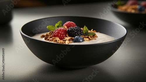 A beautifully arranged bowl of yogurt topped with granola and fresh berries, this image is perfect for health blogs, recipe websites, or wellness promotions, It showcases a delicious photo