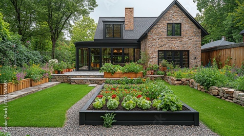 Lush garden and cozy house in an urban neighborhood with vibrant flowers duri...