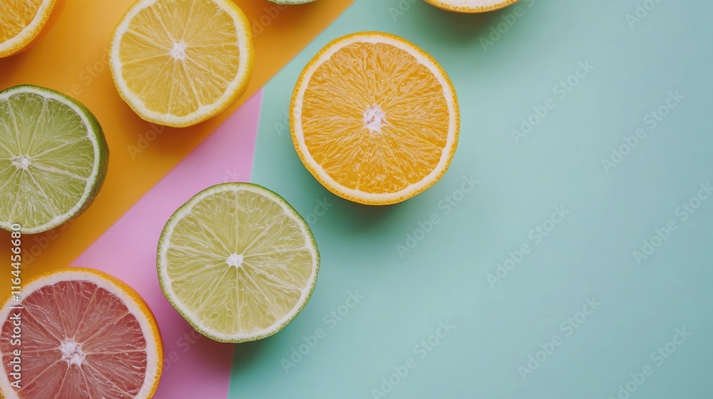 Sliced citrus fruits on a vibrant colored background showcasing oranges limes and lemons arranged artistically for a fresh summer vibe Sliced citrus fruits on a vibrant colored background showcasing oranges limes and lemons arranged artistically for a fresh summer vibe