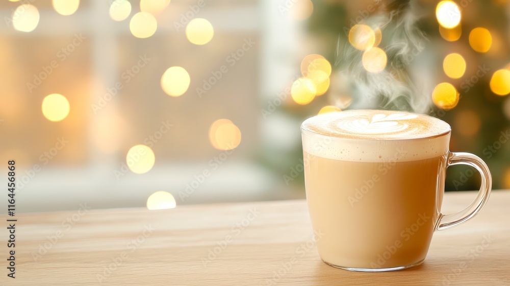 A warm cup of coffee with intricate latte art sits on a wooden table, with a soft bokeh effect of golden lights in the background, perfect for cozy café promotions, seasonal marketing A warm cup of coffee with intricate latte art sits on a wooden table, with a soft bokeh effect of golden lights in the background, perfect for cozy café promotions, seasonal marketing