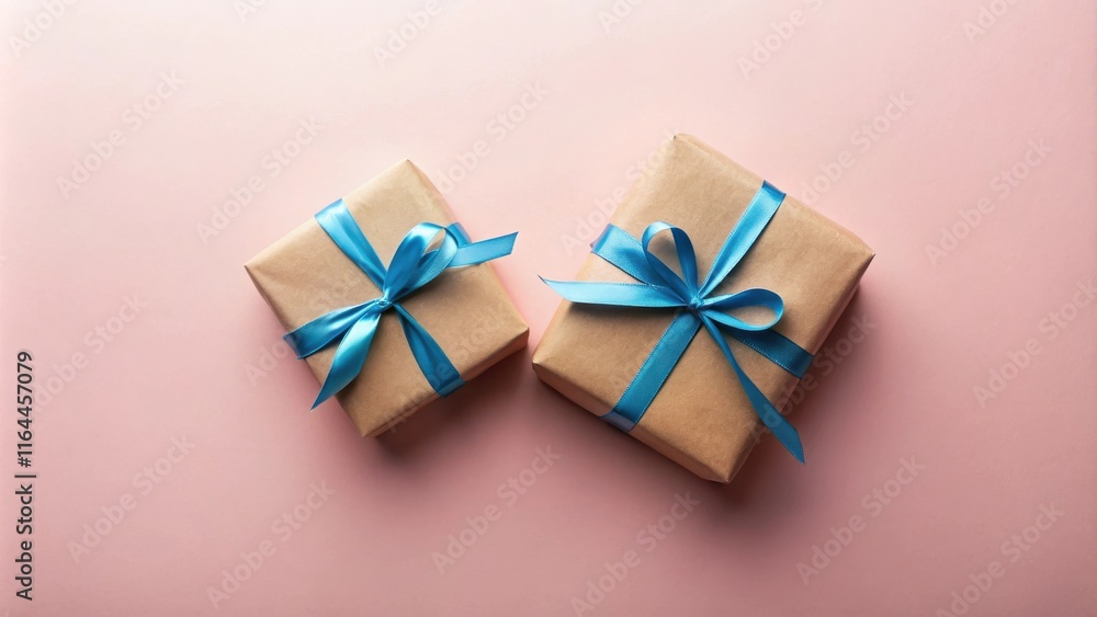 Two presents wrapped in kraft paper with light blue ribbon bows on a pink background Two presents wrapped in kraft paper with light blue ribbon bows on a pink background