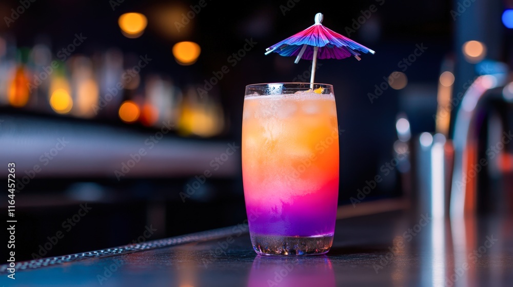 A vibrant cocktail with a colorful gradient from orange to purple, garnished with a small umbrella, sits on a bar countertop, with a blurred background of bottles A vibrant cocktail with a colorful gradient from orange to purple, garnished with a small umbrella, sits on a bar countertop, with a blurred background of bottles