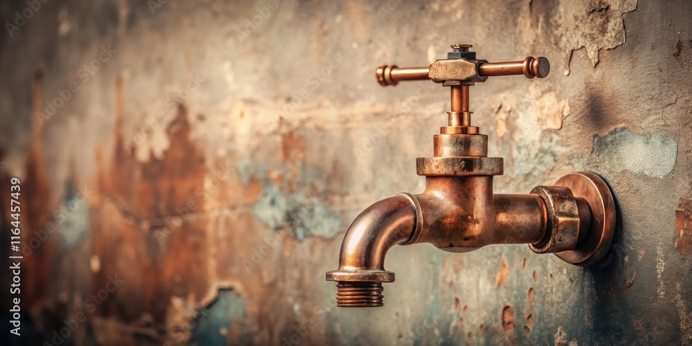 Rustic Copper Faucet on Weathered Wall, Plumbing Fixture Detail Rustic Copper Faucet on Weathered Wall, Plumbing Fixture Detail