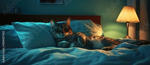 Cozy domestic cat relaxing on a bed in a softly illuminated bedroom creating a tranquil and serene atmosphere for pet lovers photo