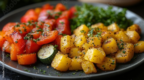 Colorful plate of diced vegetables with fresh herbs served on a dark background