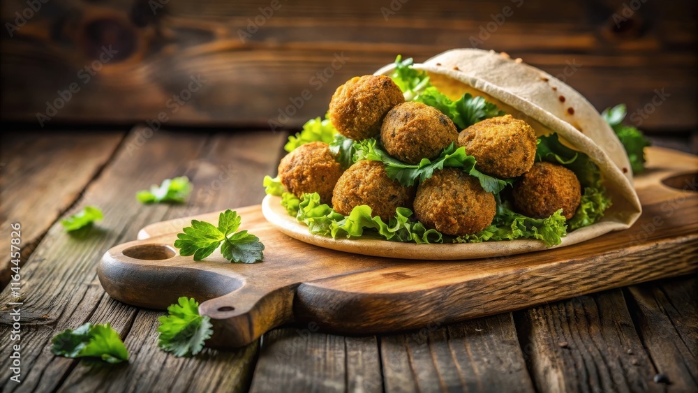 Crispy Falafel Balls in a Pocket Bread, Garnished with Fresh Greens on Rustic Wooden Board Crispy Falafel Balls in a Pocket Bread, Garnished with Fresh Greens on Rustic Wooden Board