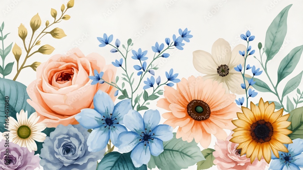 Fototapeta premium Soft Focus Watercolor Floral Pattern, Delicate Forget-Me-Nots, Roses, Gerbera Daisies & Sunflowers in Pastel Ombre Hues