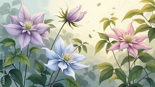 Whimsical Hand-Drawn Vector Illustration of Blooming Clematis Flowers in Pastel Hues