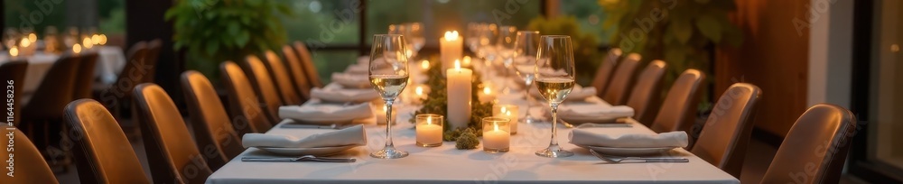 Chilled white wine, elegant long dining table setting, clean, food, interior Chilled white wine, elegant long dining table setting, clean, food, interior