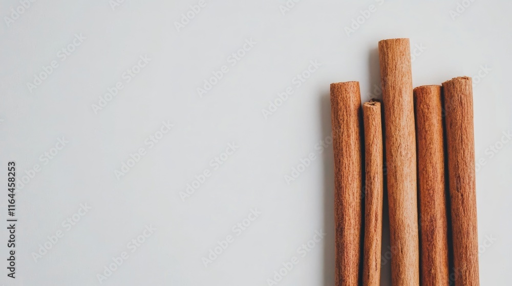 Cinnamon sticks arranged artistically on a clean white background showcasing their natural texture and warm color tones. Cinnamon sticks arranged artistically on a clean white background showcasing their natural texture and warm color tones.