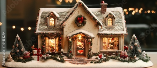 Festive winter dollhouse beautifully decorated for Christmas with lights and greenery creating a cozy holiday atmosphere photo