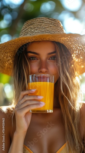 Young woman enjoying refreshing drink in tropical setting with straw hat duri...