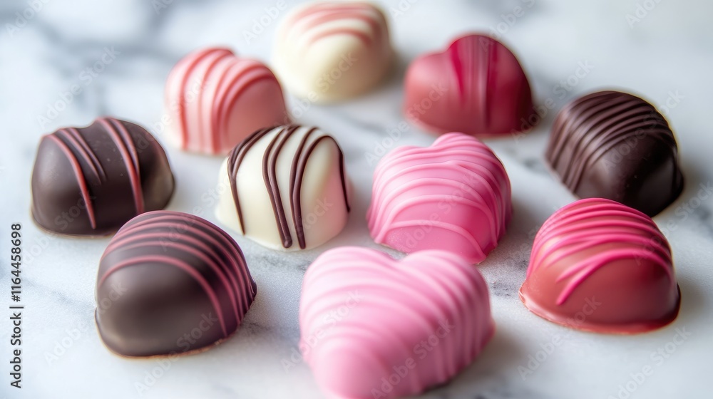 Obraz premium Heart-shaped chocolate candies in pink, red, and white coatings arranged artistically on a marble surface for festive occasions.