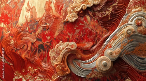 Wallpaper Mural Intricate 3D abstract Chinese New Year art with swirling red and gold patterns creating a sense of movement and joy. Torontodigital.ca