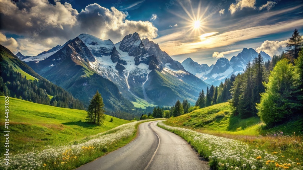 Obraz premium Scenic winding road through vibrant alpine meadows towards majestic snow-capped mountains under a bright sun