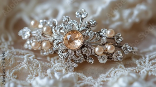 Elegant gold flower brooch with pearl accents on soft lace fabric