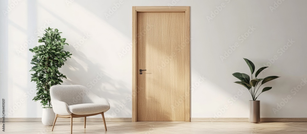 Minimalist room featuring a closed wooden door highlighting exquisite craftsmanship with natural light and greenery accents Minimalist room featuring a closed wooden door highlighting exquisite craftsmanship with natural light and greenery accents