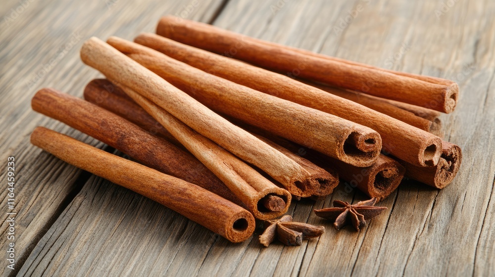 Cinnamon sticks and assorted spices arranged on a rustic wooden table background showcasing natural textures and warmth of culinary ingredients Cinnamon sticks and assorted spices arranged on a rustic wooden table background showcasing natural textures and warmth of culinary ingredients