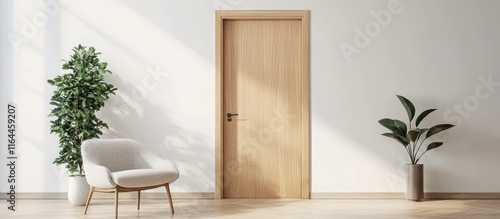 Minimalist room featuring a closed wooden door highlighting exquisite craftsmanship with natural light and greenery accents