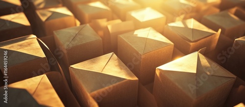 Sunlit empty cardboard boxes in a close-up view symbolizing the transition and experience of moving homes or offices photo