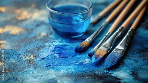 Artistic workspace with paintbrushes and blue water