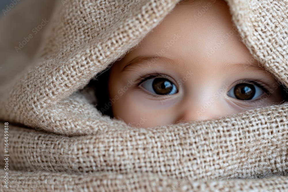 An enchanting close-up of a little one's curious eyes peering from textured natural fabric, evoking a sense of wonder and an attachment to innocence.