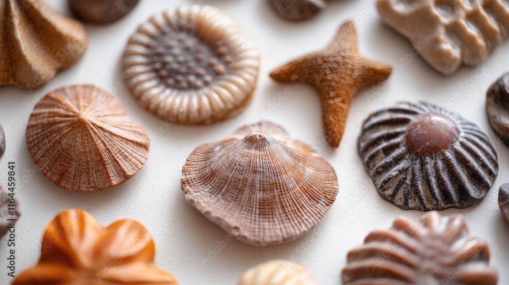 Diverse collection of marine fossils showcasing intricate textures and details from ancient ocean life Diverse collection of marine fossils showcasing intricate textures and details from ancient ocean life