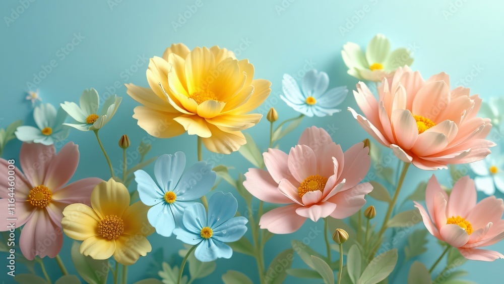 Vibrant Spring Blooms, Pastel Papercut Flowers on Blue Gradient Background Vibrant Spring Blooms, Pastel Papercut Flowers on Blue Gradient Background