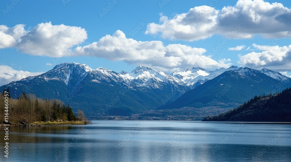 Serene landscape of coastal mountains reflecting in tranquil lake under a clear blue sky with fluffy clouds and snow-capped peaks Serene landscape of coastal mountains reflecting in tranquil lake under a clear blue sky with fluffy clouds and snow-capped peaks