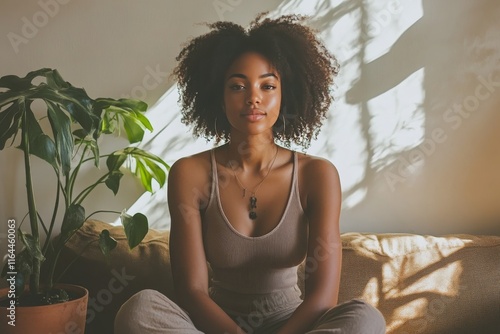 Sunlit tranquility of a woman relaxing beside a plant in a cozy room