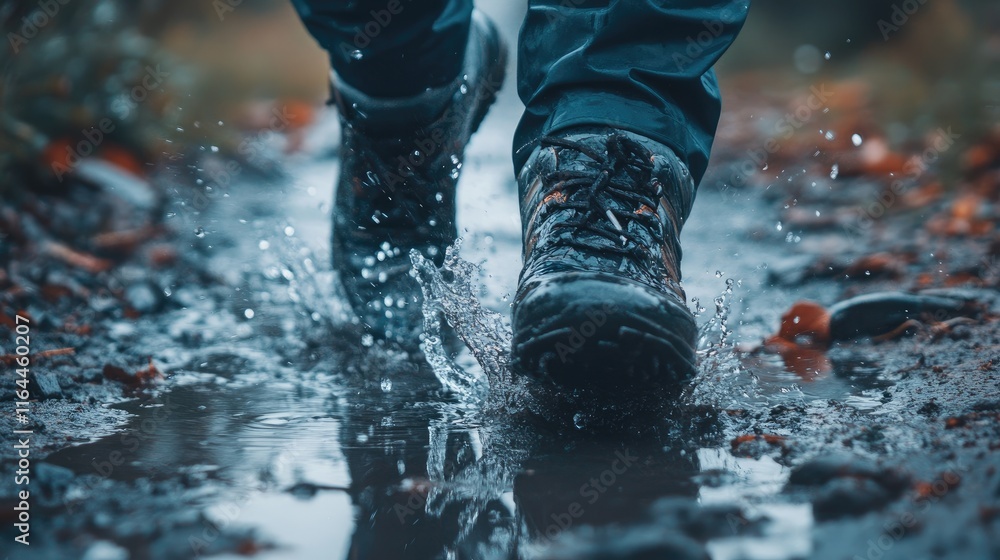 Feet splashing in a puddle during a rainy day showing movement and nature's reflection with water droplets around vibrant outdoor scenery Feet splashing in a puddle during a rainy day showing movement and nature's reflection with water droplets around vibrant outdoor scenery