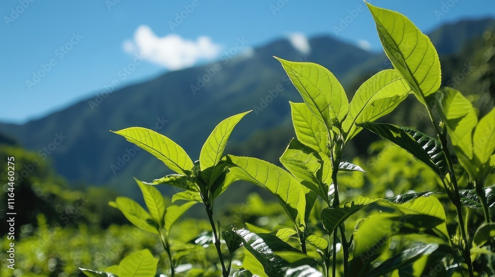 Fototapeta premium Coca leaves thriving in lush mountainous landscape under bright blue sky and sunlight