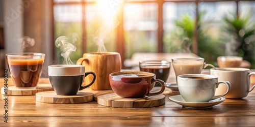 Wallpaper Mural Morning Coffee Collection Aromatic Beverages in Diverse Cups on Wooden Table Torontodigital.ca