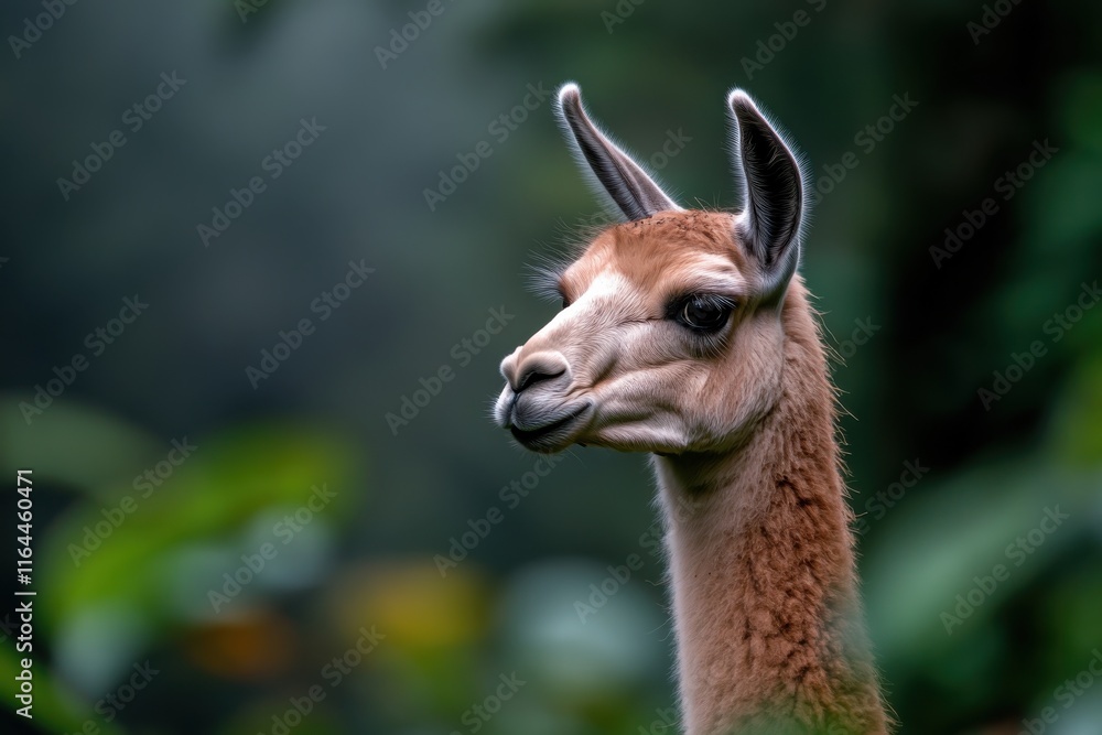 Obraz premium A close-up of a curious llama reveals its gentle features and unique fur texture, inviting the viewer to appreciate the intricacies of wildlife in a forest setting.