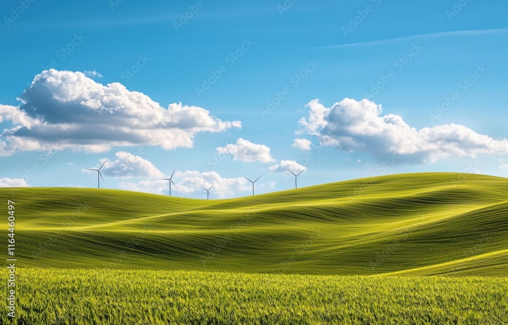 Fototapeta premium Lush Green Hills with Wind Turbines Under a Clear Blue Sky